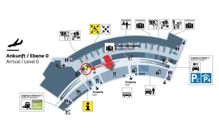 Flughafen Wien Schwechat Ankunft Ebene 0: Gepäckausgabe und Treffpunkt bei der Airport Information (roter Kreis). Flughafen Wien Schwechat Ankunft Ebene 0: Gepäckausgabe und Treffpunkt bei der Airport Information (roter Kreis).